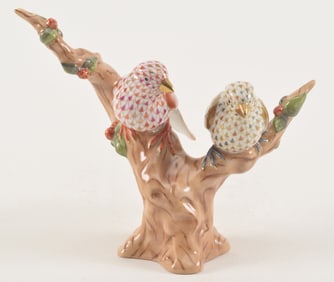 Herend porcelain pair of birds on a branch with orange fishnet pattern with painted branch, #3224.