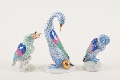 3 Herend porcelain bid figures including an owl and a cormorant with, blue fishnet pattern and a