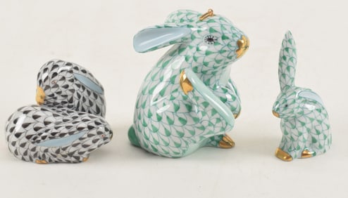 3 Herend porcelain rabbit figures, 2 green fishnet pattern and a group of 2 with black fishnet