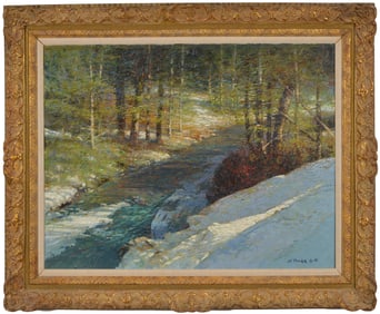 John Terelak, born 1942. Winter wooded landscape with brook. Signed and date lower right '85. Oil on