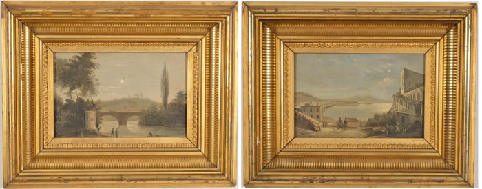 Pair of mid 19th century Italian moonlit landscapes. One with Naples and erupting Mt. Vesuvius, the