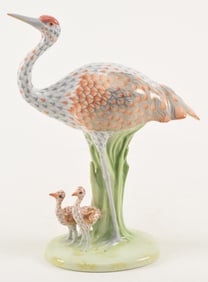 Herend porcelain Sandhill crane with young with grey and orange fishnet pattern.. #509, Limited
