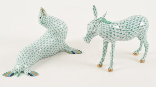 2 Herend porcelain figures Sea Lion and a Donkey, green fishnet pattern. #194 and #370. Length of