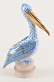 Herend porcelain Pelican on a pier, blue fishnet pattern. #2532, Limited edition 8/250. Height 7 in