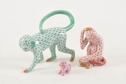 3 Herend porcelain figures, 2 monkeys, one green and one orange fishnet pattern and a small food dog