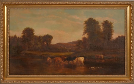 19th century New Hampshire school landscape of cows watering in a stream. Oil on canvas. Relined.