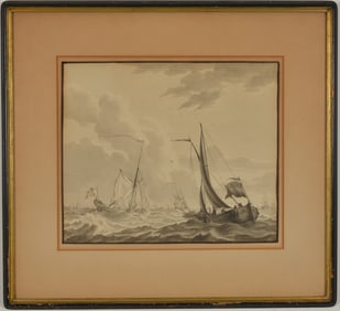 Dionys van Dongen. 1773. Ink wash on paper. Nautical scene of fishing boats in rough waters. Signed