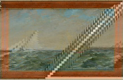 American school painting of racing yachts in full sail. Late 19th century. Oil on canvas. Framed.