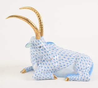 Herend porcelain Antelope, blue fishnet pattern with gold horns #132, F2000. Height 6.5 in.