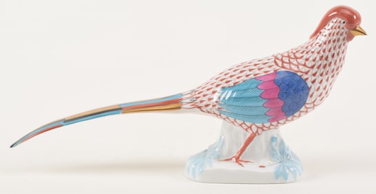 Herend porcelain Pheasant, orange fishnet pattern with painted tail and wings. #179. Length 13 in