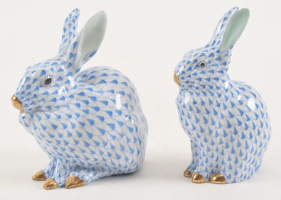 2 Herend porcelain rabbits, blue fishnet pattern. Heights 5.75 in