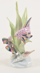Herend porcelain fish figure with leaf and shells, pink fishnet pattern. #653. Height 8.5 in