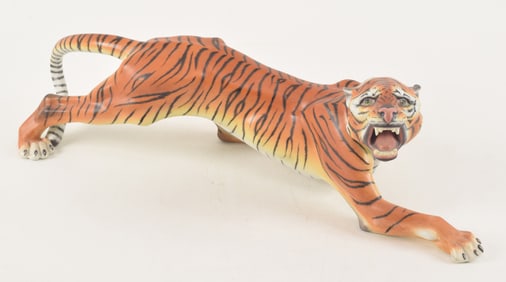 Herend porcelain stalking tiger with hand painted naturalistic pattern. #F-38. Length 18 in
