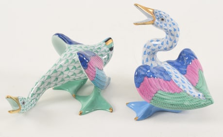 2 Herend porcelain geese, blue and green fishnet pattern. Heights 4 & 2.5 in