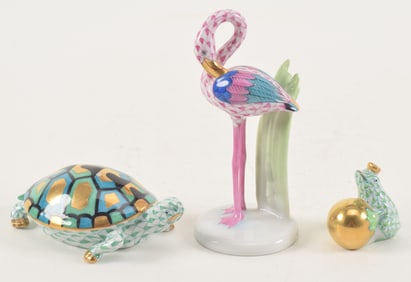 3 Herend porcelain figures, a flamingo with pink fishnet pattern, a turtle with green fishnet