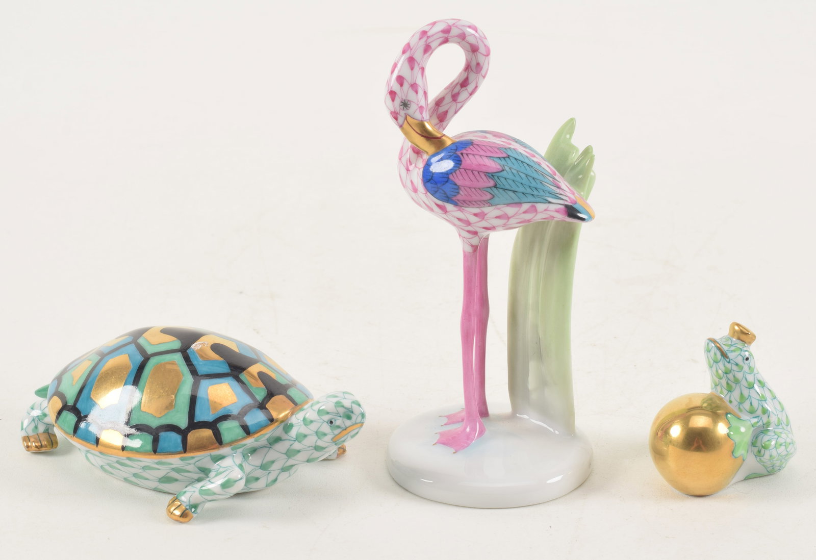 3 Herend porcelain figures, a flamingo with pink fishnet pattern, a turtle with green fishnet (1 of 4)