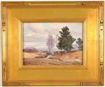 Bernard Corey. Massachusetts. 20th Century. Winter landscape with pine trees and birches. Signed