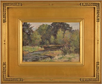 Bernard Corey. Massachusetts. 20th Century. Woodland landscape with brook. Signed lower right. Oil