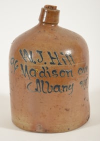 Antique stoneware 2 gallon jug with cobalt lettering, W.J. Hill 96 Madison ave Albany, NY. Break to