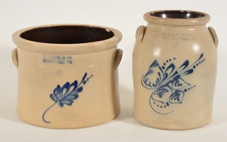 2 Antique stoneware crocks with floral decorations, one 1 1.2 gallon crock E & LP Norton,