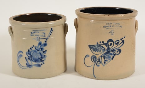 2 Antique stoneware crocks with cobalt floral decorations, including a 4 gallon New York Stoneware