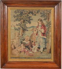 1855 English needlework tapestry by Elizabeth Chadwick titled "We All Do Fade as a Leaf". Signed,