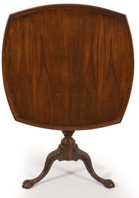 Chippendale style square, tilt top tea table with fluted post, cabriole legs and ball and claw feet,