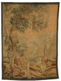 M.R. Aubusson signed woven tapestry depicting a shepherd in a classical landscape, 19th Century.