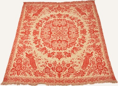 Jacquard coverlet, red and white, peacocks, birds and foliage, dated 1852. Good condition, some