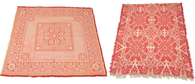 2 Jacquard coverlets, each red and white. One floral with Greek key borders. 69 x 83 in. The other