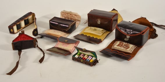 7 Shaker leather sewing items including two larger wrapped boxes, one with brown satin and other