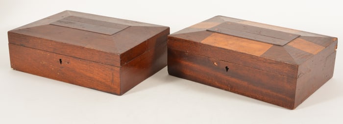 2 Shaker rectangular sewing boxes one with walnut and bird's-eye maple paneled top. Some damages. 11