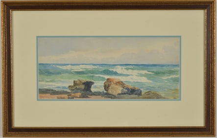 Alfred Thompson Bricher. American. Watercolor painting of coastal landscape with crashing waves.