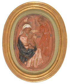 19th century Italian glazed terracotta oval plaque of the holy family. Framed. Plaque: 13 x 9.5in.