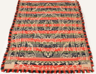Jacquard coverlet, C. Wiand, Allentown 1859, Charles Wiand. Three colors, green, red, blue and