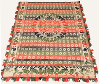 Jacquard coverlet, E. Huasman, Trexlertown, PA. 1850. Three colors, green, red, blue and natural.
