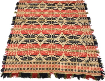 Jacquard coverlet, John Smith R. Spengler 1839. Three colors, green, red, black and natural. Seamed,