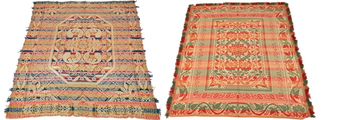 2 Jacquard coverlet, three colors,one signed. Including J. Keagy Globe Factory Morrisons, Cove