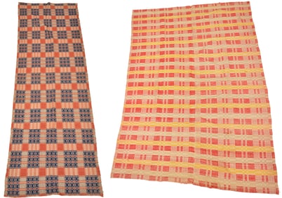 2 Jacquard coverlets, antique geometric patterns. One red, tan, yellow and natural, 55 x 82 in. The
