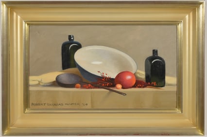 Robert Douglas Hunter. American. Still life with bowl, bottles, and fruit. Oil on canvas. Signed
