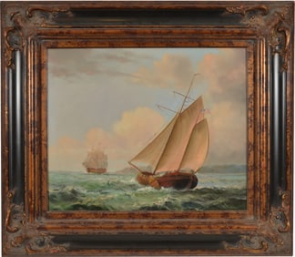 Matt Thomas. 18th century style nautical painting of a sloop flying an American flag with a