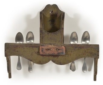 Blue painted primitive spoon rest with drawer and some pewter spoons, 18th Century.
