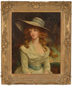 Early 19th century English portrait of a woman wearing a sunhat seated in a landscape. Oil on