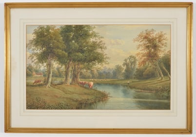 "The Thames". 19th century British watercolor landscape painting with a figure and cattle by the