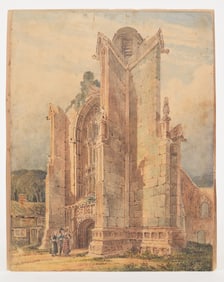 Early 19th century British school watercolor painting of figures by an Abbey. Unframed. 9.5 x 7.75in