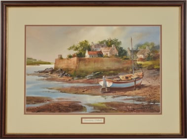 Marshall Joyce. "Connemara, Ireland". Irish watercolor of a coastal village with a dory at low tide.