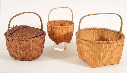 3 Splint baskets including a early 20th century covered basket and 2 contemporary Shaker type