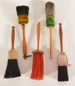 5 Shaker brushes, turned maple handles, four with black horsehair bristles and wrapped with velvet