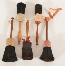5 Shaker brushes, turned maple handles with black horsehair bristles and wrapped with cotton.