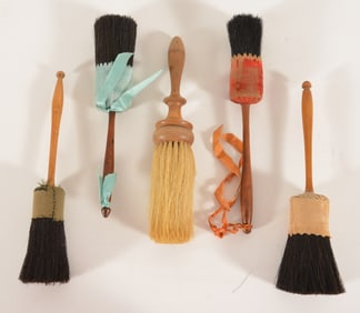 5 Shaker brushes, turned maple handles, four with black horsehair bristles and wrapped with velvet